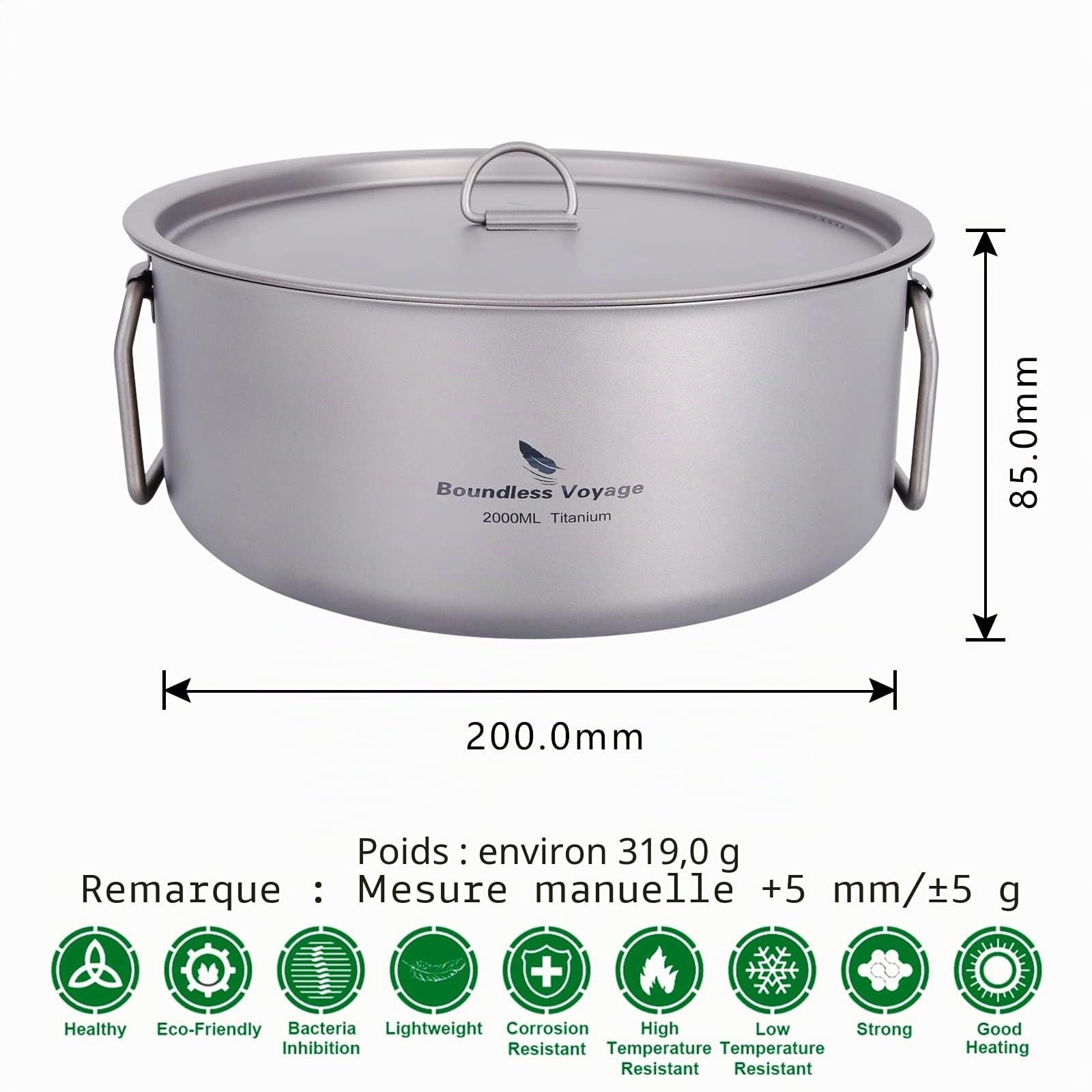 iBasingo Pot de camping 2L Marmite en Titane Holloware Portable Extérieur Intérieur avec Couvercle et Poignée Pliante Batterie de Cuisine Légère Pot à Soupe Grande Capacité Ti2054C