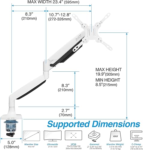 Miniatura 2 de AVLT Soporte de escritorio con brazo para monitor de 17 a 45 pulgadas, resorte mecánico de alta calidad, para monitor plano, curvoultraancho, altura