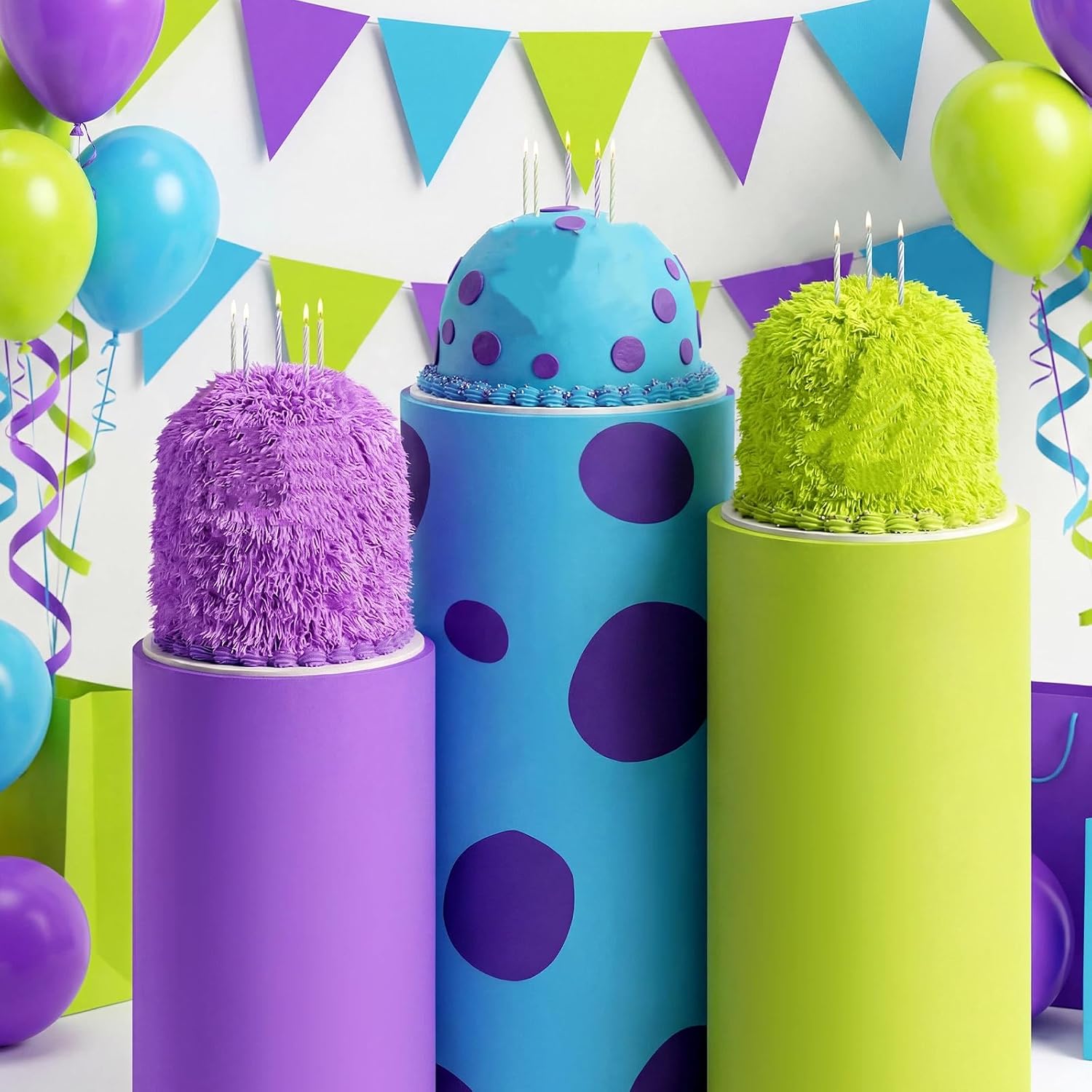 Set of 3 Monster Cartoon Spandex Cylinder Stand Covers, Purple Green Blue Cylinder Pedestal Cover, Dessert Table Display for Monster Theme Birthday Baby Shower Party Decor