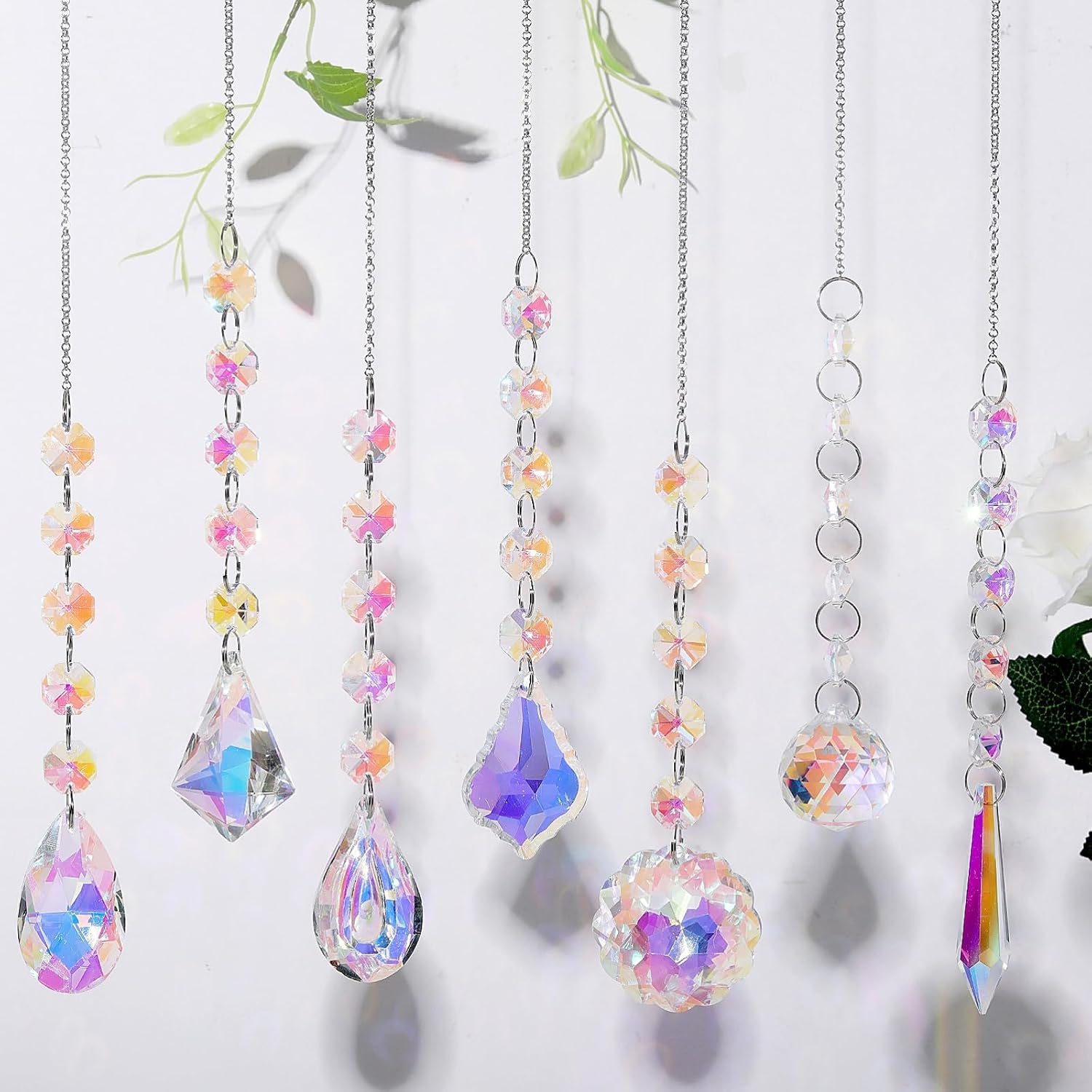 7 Pcs AB Colored Chandelier Crystals Sun Catcher Prisms, Suncatchers for Windows Hanging, Rainbow Maker Pendants for Room Garden Home Decor, Gifts, Wedding Christmas