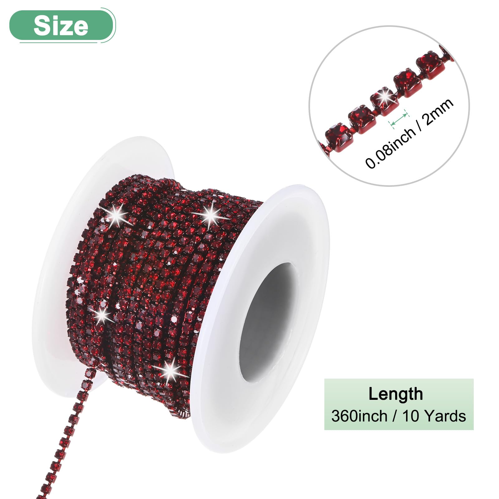 M METERXITY Catena Chiusura con Strass Cristallo, 2mm 10 Iarde Catena Fissaggio a File Singola, Rotolo Catena a Artiglio Cristallo per Cucito Artigianale/Artigianato Gioielli [Rosso Scuro]