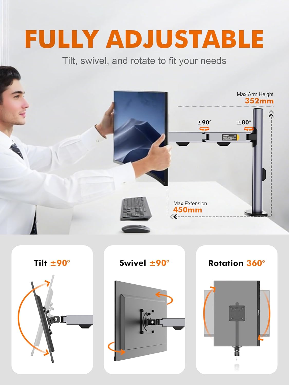 Diagram illustrating full adjustability: Tilt ±90°, Swivel ±90°, and Rotation 360°. Also shows max arm height 352mm and max extension 450mm.