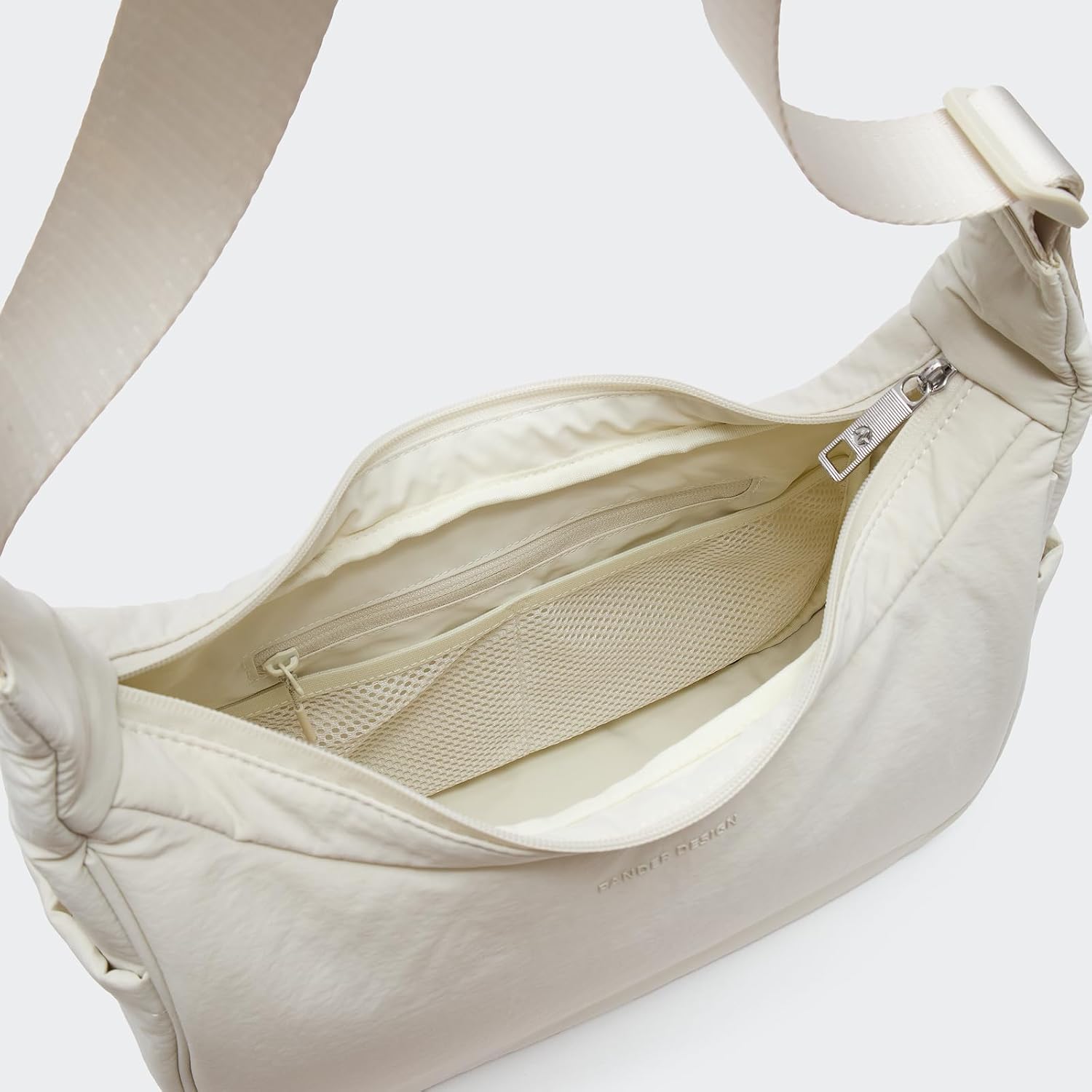 pander nylon crescent shoulder bag, medium sling crossbody with adjustable strap. white opal medium