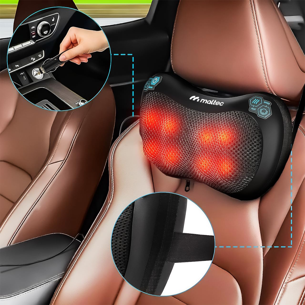MalTec Shiatsu Massagekissen Rücken, Nacken, Körper wärmende Rückenmassagegerät Massageköpfen für Büro, Auto oder Zuhause