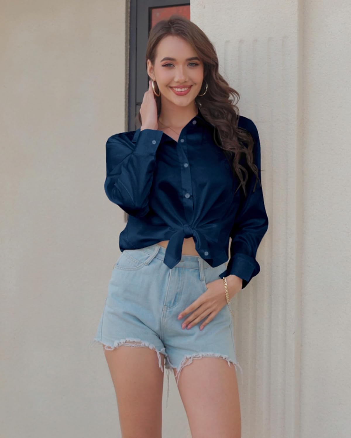 YAMANMAN Women Satin Blouse Long Sleeves Button Down Shirts V Neck Loose Blouse Business Casual Work Top - Image 3