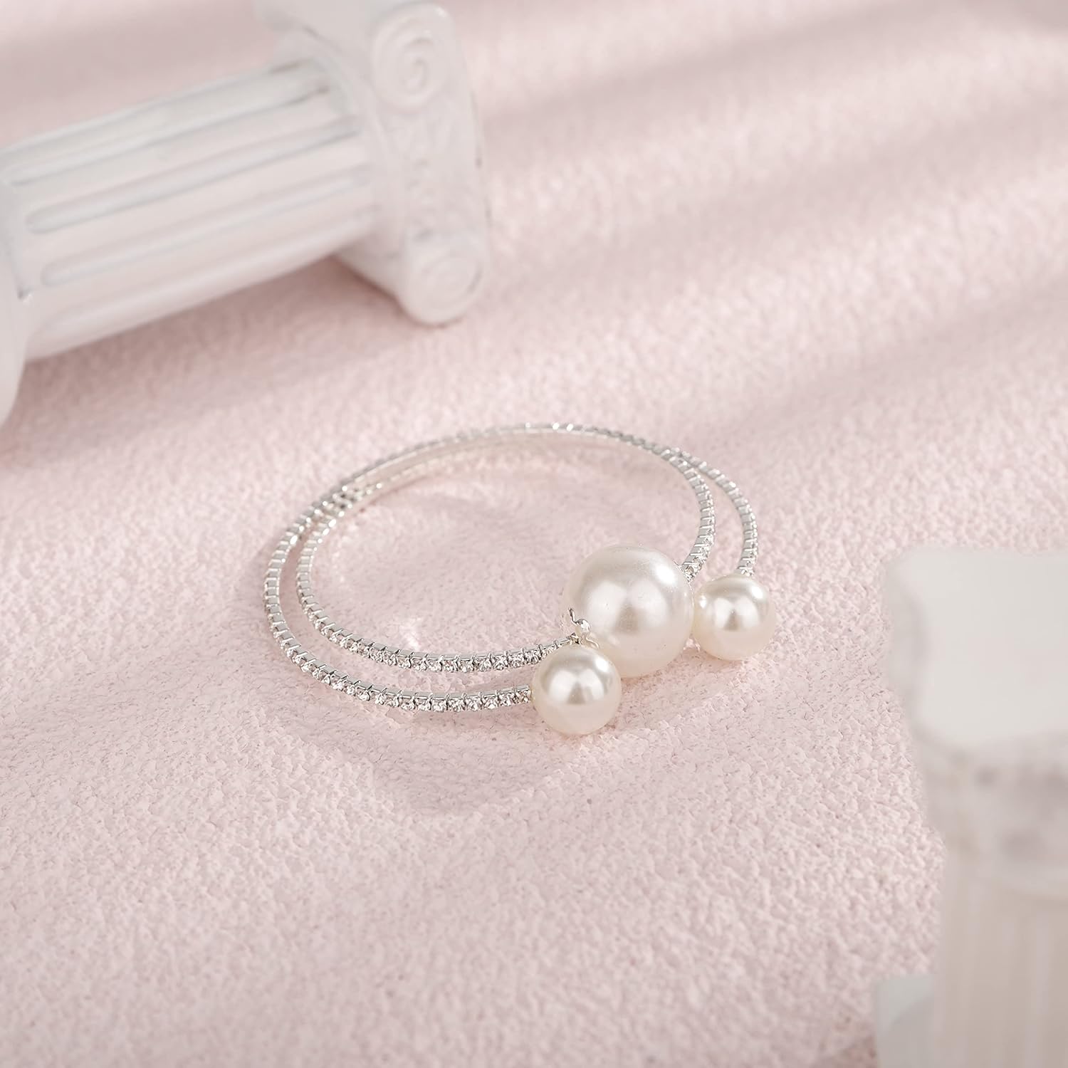 YERTTER Dainty Rhinestone 1920s Silver Fake Pearl Open Bangle Bracelet Wedding Sparkly Layered Wrap Cuff Bangle Bracelet Adjustable Pearl Bracelets for Women Brides - Image 6