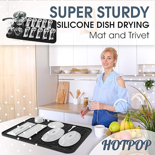 Miniatura 8 de HOTPOP Tapete de secado de platos de silicona gris XXL de 24 x 18 pulgadas y salvamanteles grandes, apto para lavavajillas, resistente al calor,