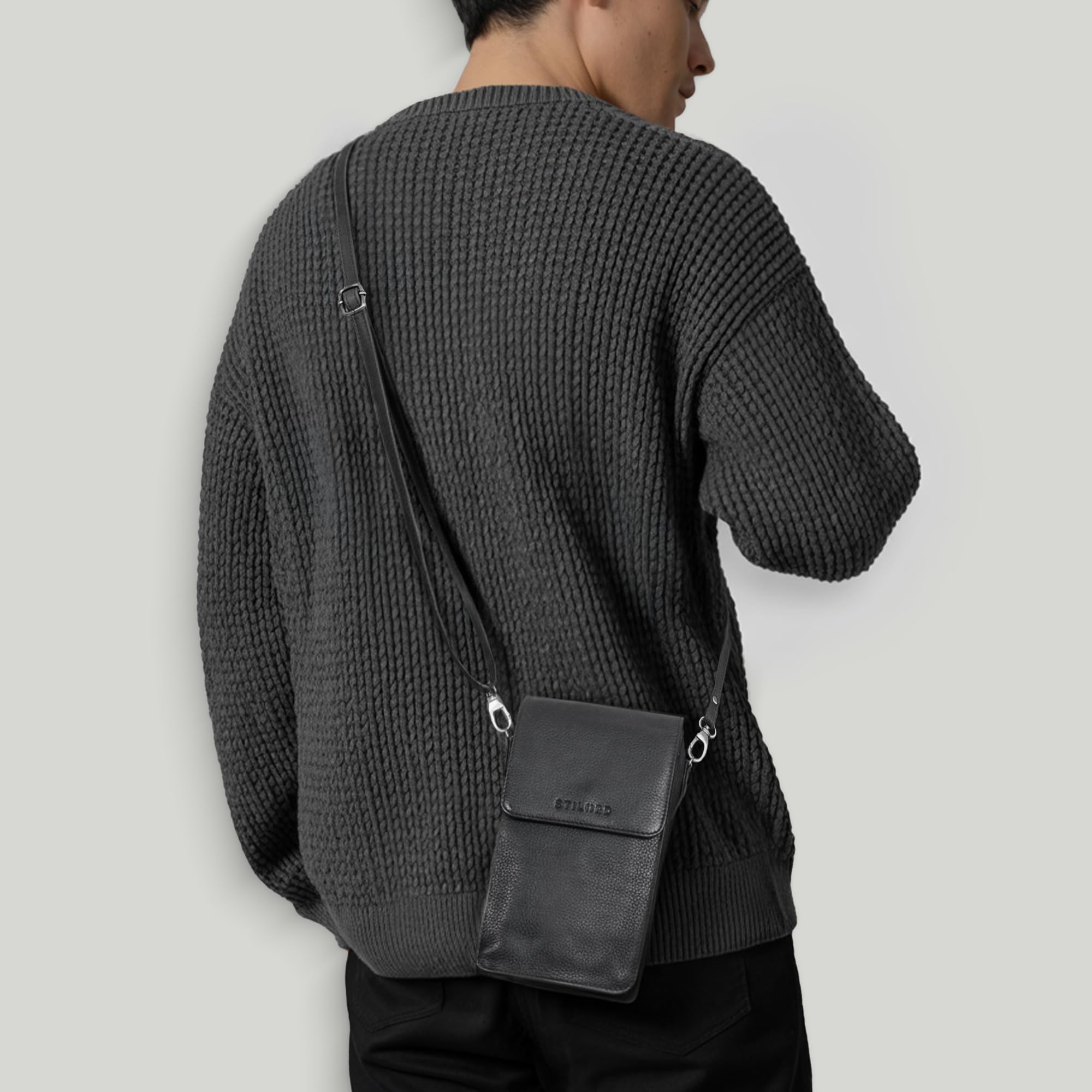 STILORD Imola Echtleder Handytasche 7 Zoll Damen Herren Vintage Umhängetasche Leder Crossbody Bag schwarz