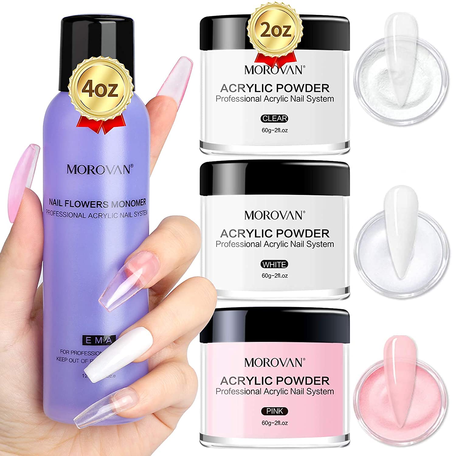 Morovan Acrylic Powder and Liquid Set, Professional Acrylic Nail Kit with 4oz Liquid Monomer, 3 Colors White Pink Clear Acrylic Nail Powder for Beginners