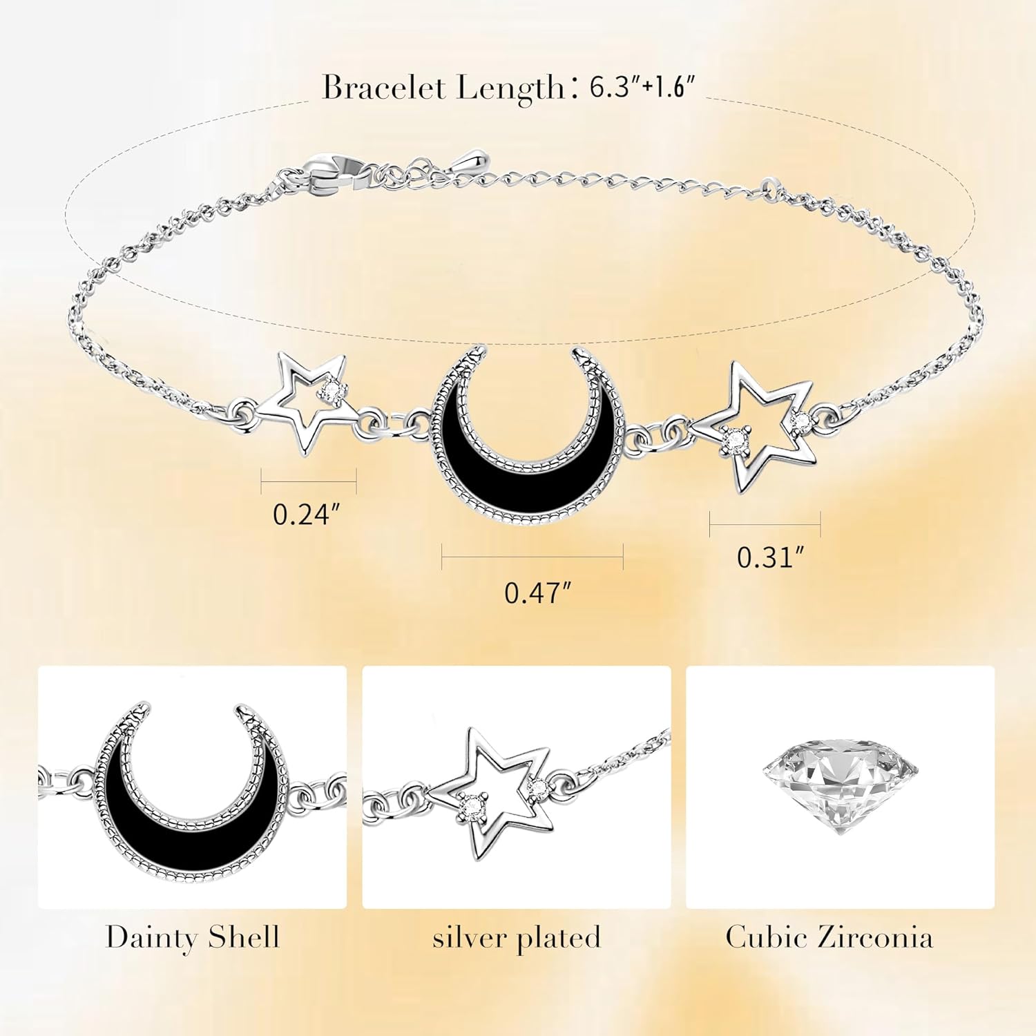 Dainty Adjustable Gold/Silver Plated Moon And Star Link Chain Bracelets for Women (SILVER) - Image 3