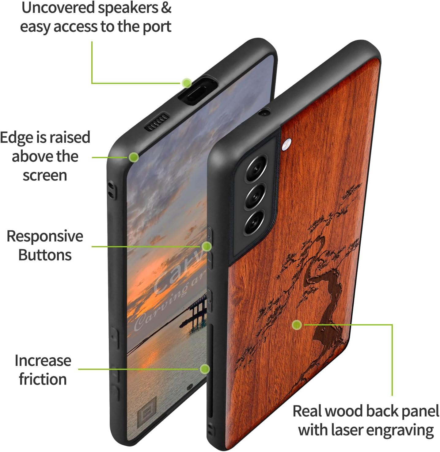 Carveit Wood Case for Galaxy S22 Plus Case [Natural Wood & Black Soft TPU] Shockproof Protective Cover Unique & Classy Wooden Design Compatible with S22 Plus (Majestic Pine Tree-Rosy)