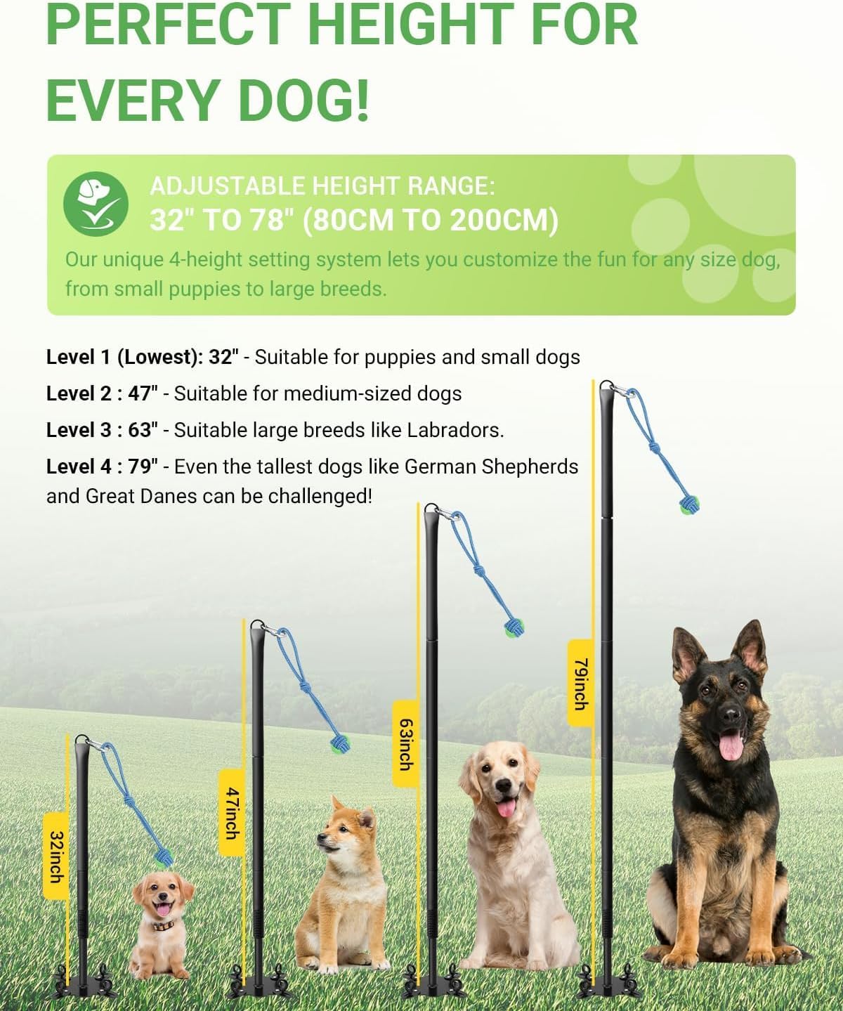 Tether Tug Outdoor Dog Toy, 31"-78" Tug of War Dog Toy with Safety Pole Cover, 3 Replaceable Ropes & Spiral Ground Anchor - 4 Durable Spring Pole Interactive Pull Toy for Large Medium Small Dog