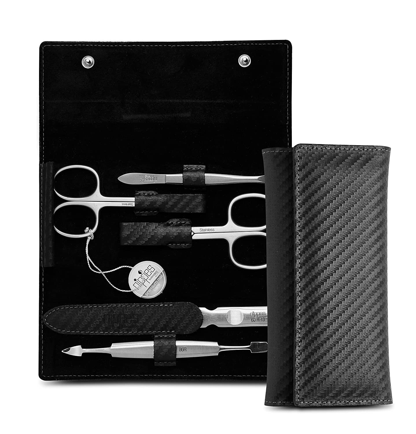 nippes Solingen Premium Line Maniküre Set Karbon, 5-teilig, Edelstahl rost- und nickelfrei, Rindsleder-Etui mit Reißverschluss, Schwarz, Nagelpflege Set, Pediküre Maniküre, Made in Germany | Rindsleder-Etui, handgeschmiedet, für Damen und Herren, 145 g, s