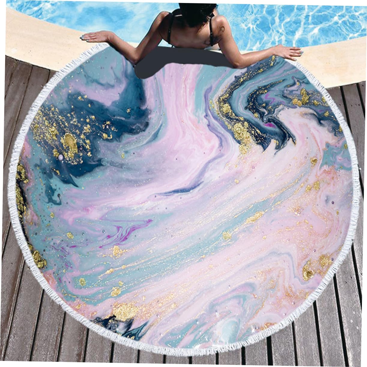 Serviette de Plage Ronde à Impression Sable Mouvant en Polyester Absorbant avec Pompons, pour Yoga Chaud et Routines D'étirement, Style Créatif et Attrayant