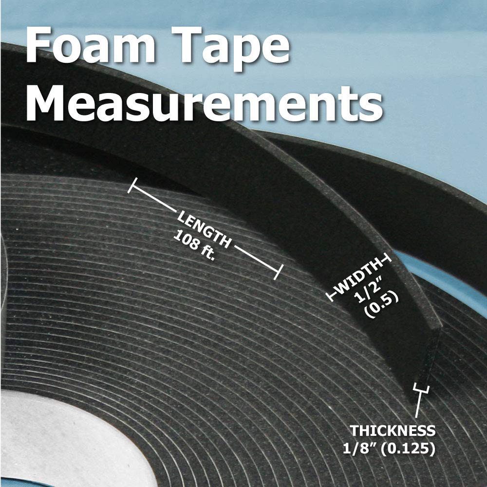 Double Sided Foam Glazing Tape 1/8" Thick x 1/2" Wide x 108' - Black - 12 Rolls