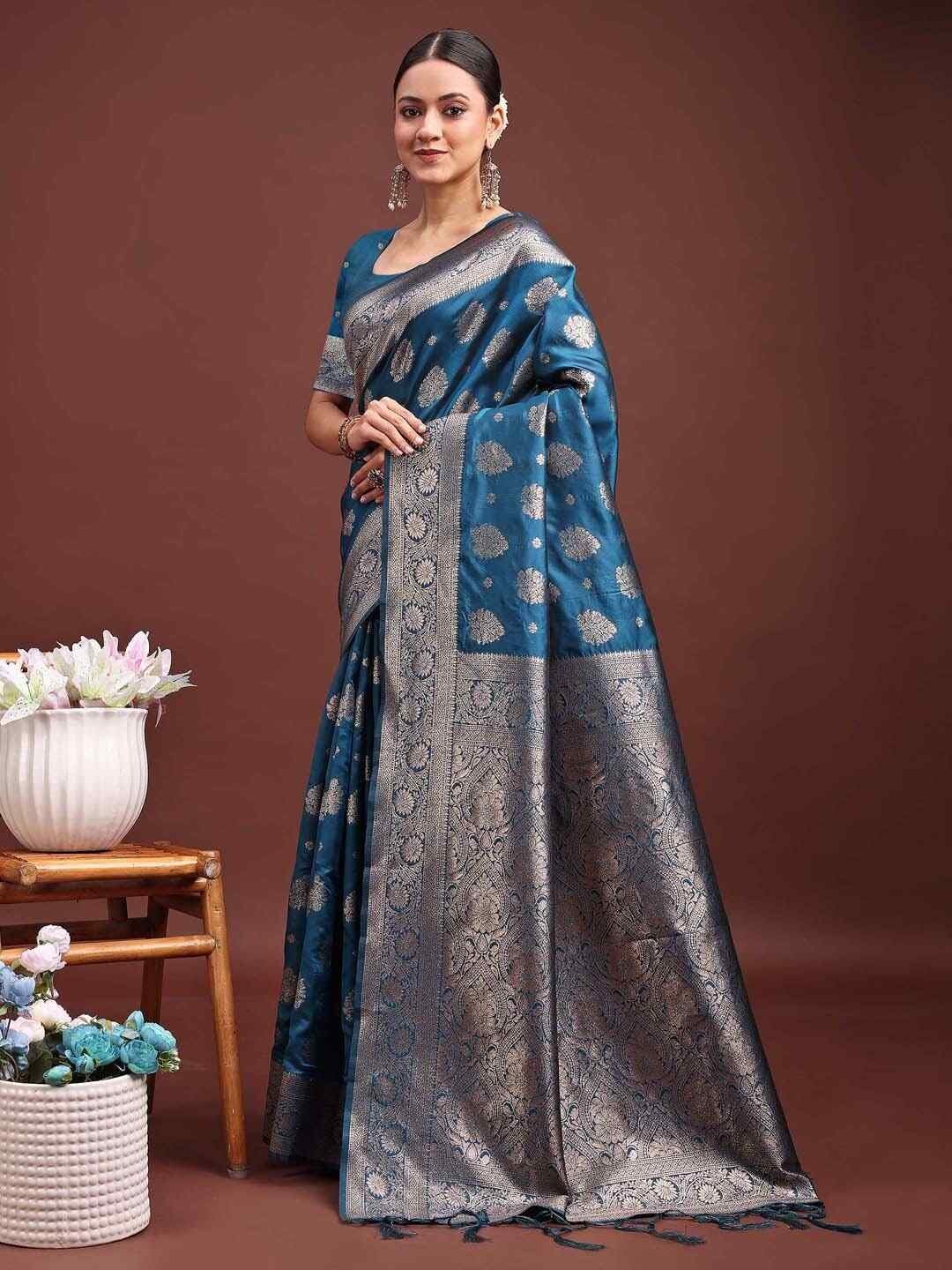 Shiv Textiles Women's Banrasi Silk Woven Saree(AUS-ASBNS1001-TEAL) 2