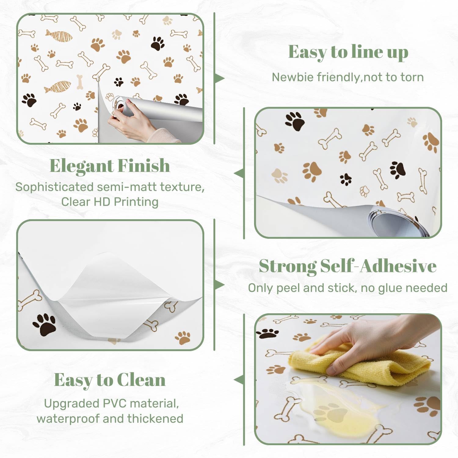 Peel and Stick Wallpaper Wall Decor Contact Paper Removable 17.7"x118.1" Wall Paper Cute Paw Prints Bones Warm Earth Tones for Classroom Bedroom Desk Cabinets Drawers Kitchen