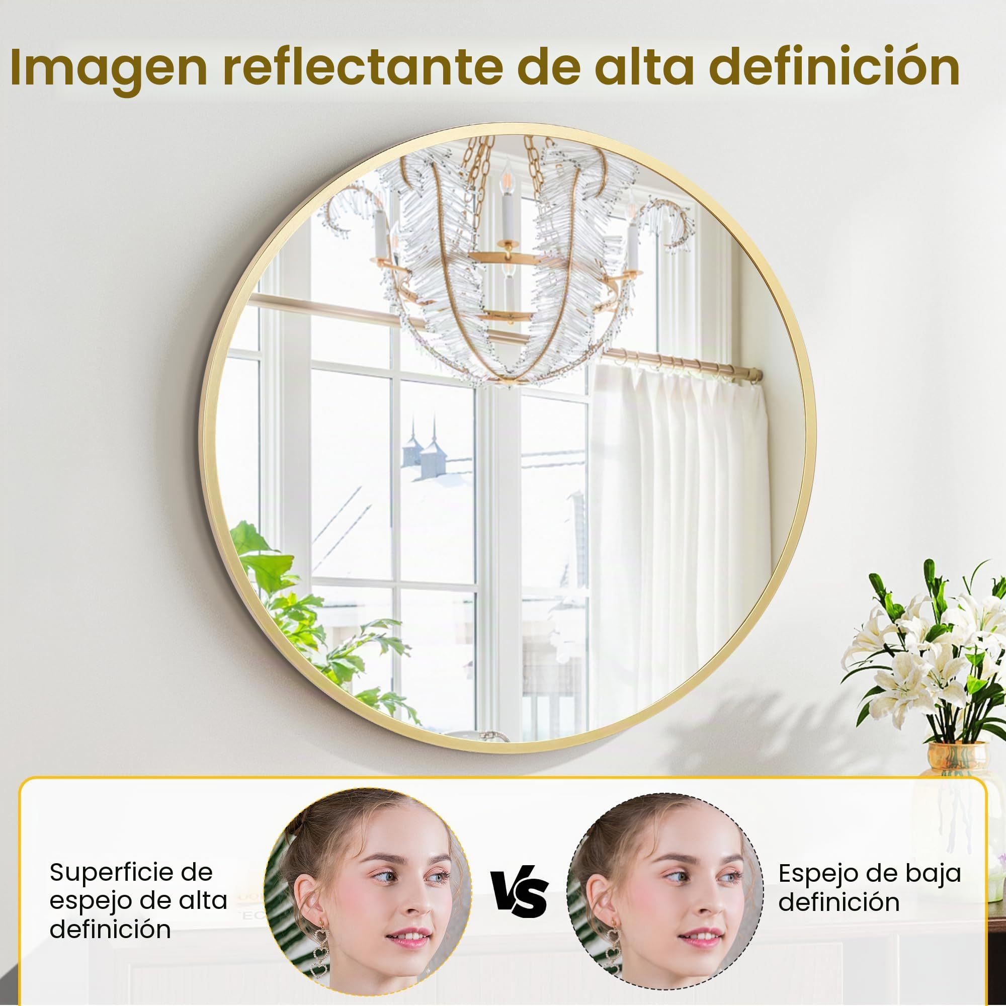 Garvee Espejo redondo de 24 pulgadas para pared, espejo circular con marco de metal dorado, espejo redondo para decoración de pared, espejo redondo para entrada, tocador, dormitorio, fácil de instalar