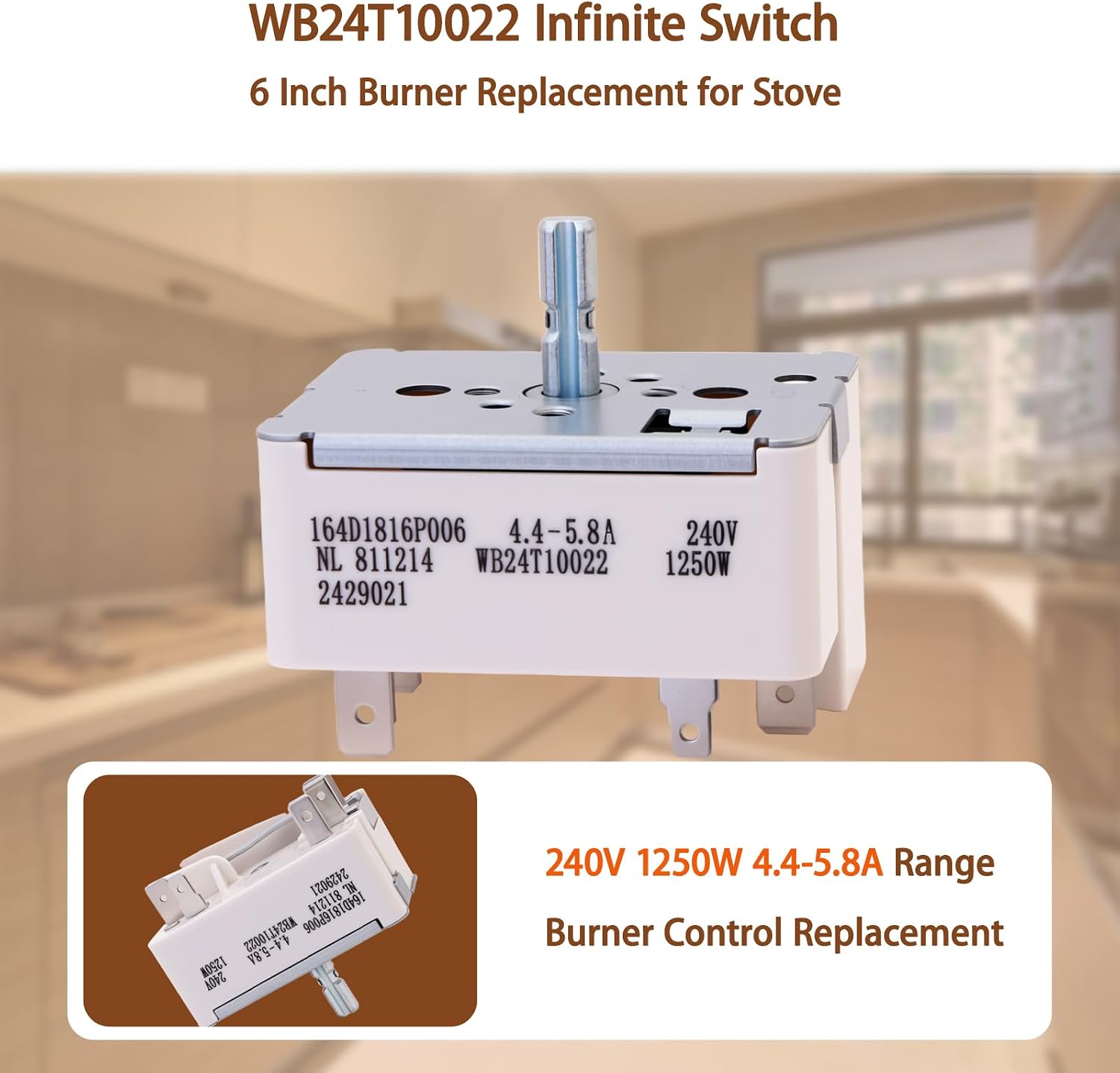 WB24T10022 Stove Range Infinite Switch, 6 Inch Burner Control Replacement Part for GE Hotpoint Kenmore, Replaces 164D1816P006 811214 66004-AF63 AP2024071 769689 AH236747 EA236747 PS236747
