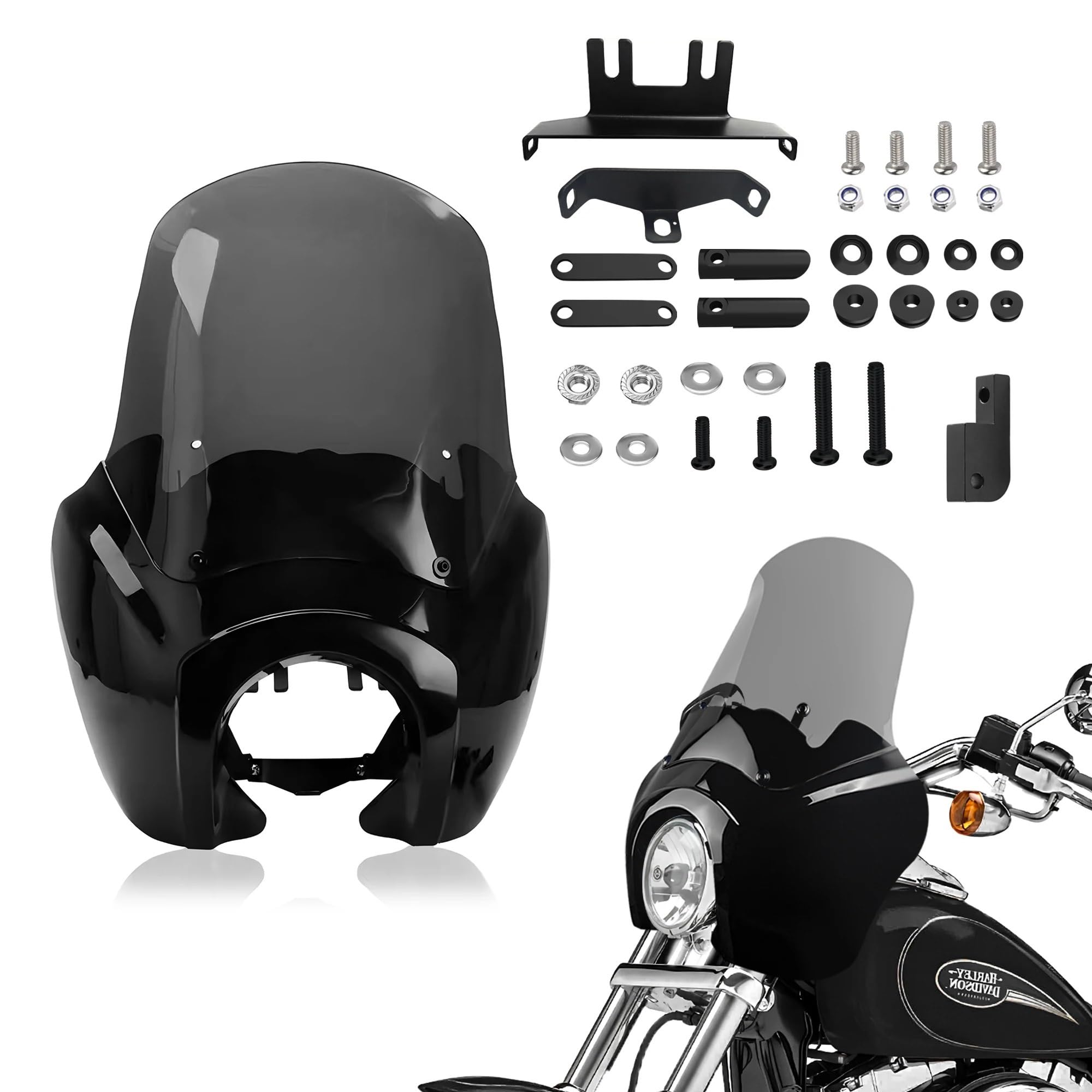 DGHBNP Motorbike Cowls Fit For Harley Dyna FXDXT T-Sport Dyna Fairing With 15“ Windshield Kit, 5.75" Front Headlight Fairing Cover Hump Tail Fairing(Gloss BK-CLEAR)