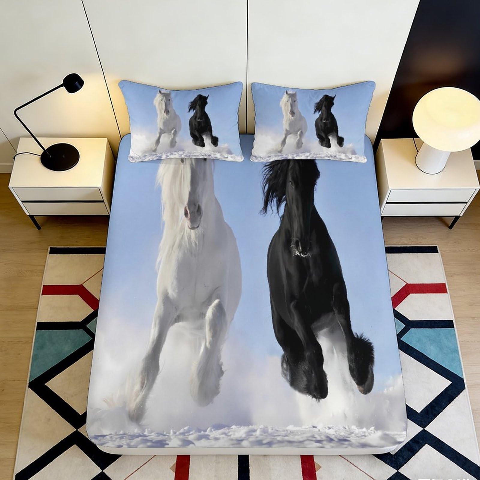 Jqzkxnhpbr Style-5 3D Printed Running White Horse Fitted Sheet Microfiber Soft Breathable Black Stallion Bed Cover For Bedroom Decor 90X200x25cm
