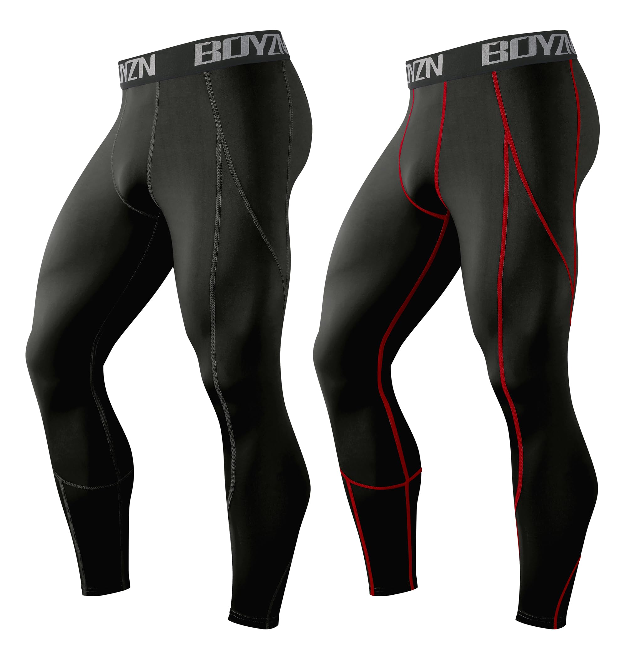 Boyzn 2 Pack Compression Leggings for Men, Quick Dry Running Leggings Gym Compression Pants, Active Athletic Sports Tights Thermal Base Layer Pants for Workout Jogging Cycling Black/Black(Red)-2XL