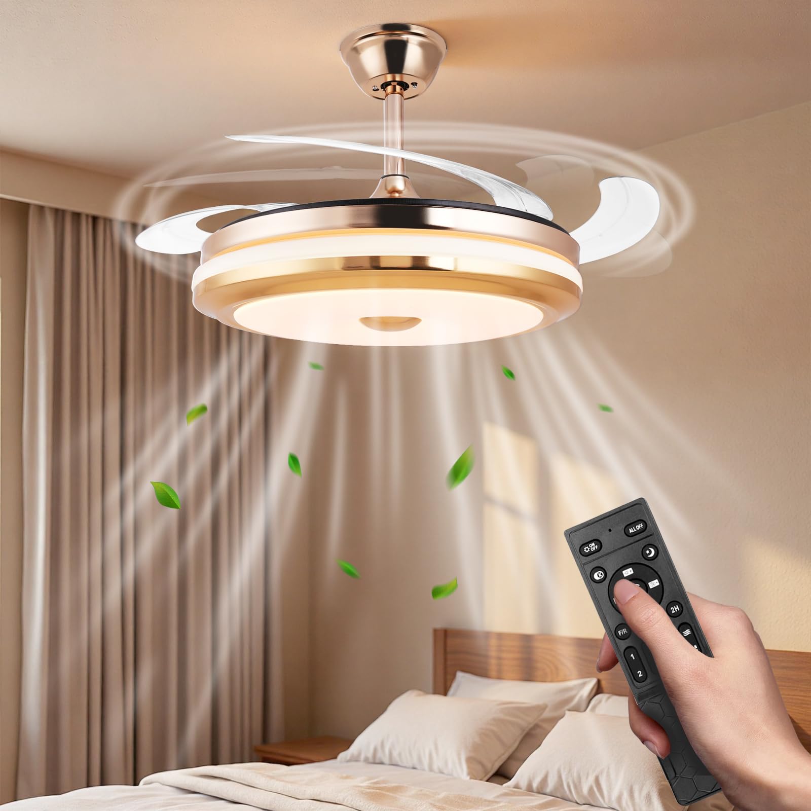 Evgtti Brushed Nickel 42 Inch Retractable Ceiling Fan With Light And Remote Control, Modern Fandelier With 6-Speed Quiet Reversible Dc Motor, 3 Color Dimmable Led, Flush Mount Chandelier Fan For Bedroom