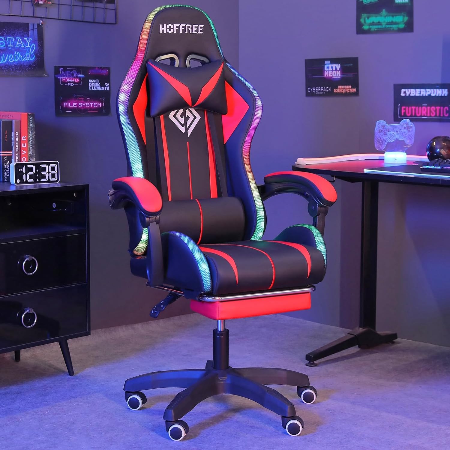 Gaming Chair Massage with LED RGB Lights and Footrest Ergonomic Computer Chair High Back Video Game Chair with Adjustable Lumbar Support Linkage Armrest Red and Black