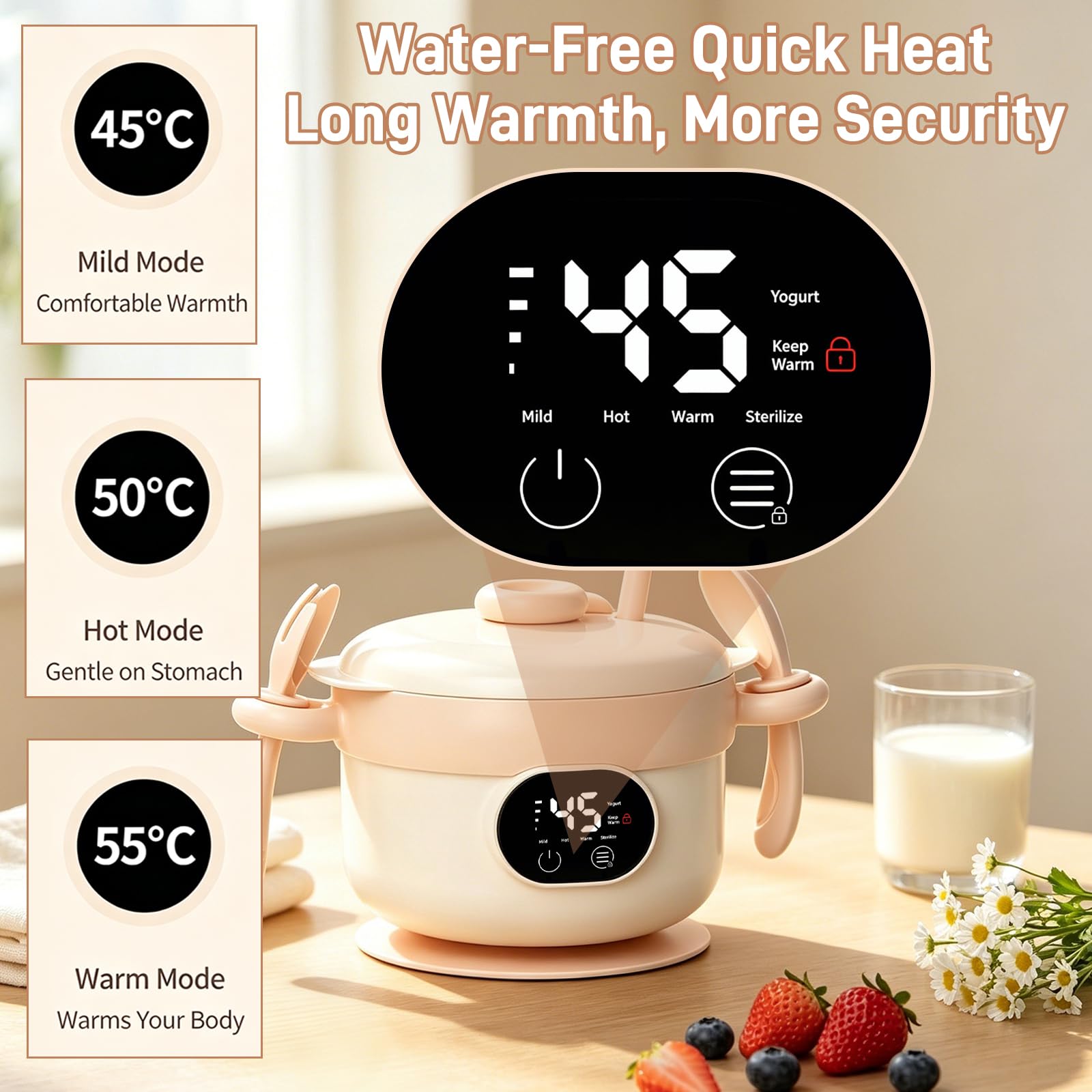 Recipiente TéRmico Para Alimentos, 470 Ml Fabricado En 304 Acero Inoxidable 3 Ajustes De Temperatura (45/50/55 °C) Resistente Al Agua Ipx7 FuncióN Yogurtera Con Pajita Tenedor Ventosa Y Cuchara