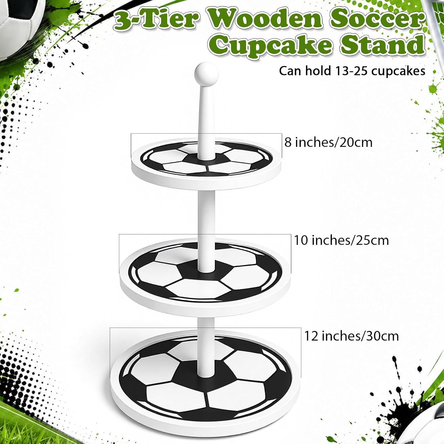 Thenshop 3-Tier Wooden Soccer Cupcake Stand 12 Inch, World Soccer Party Decorations, Sport Dessert Cake Table Displays for Tailgate, Birthday, Baby Shower, Sports Theme Party Supplies