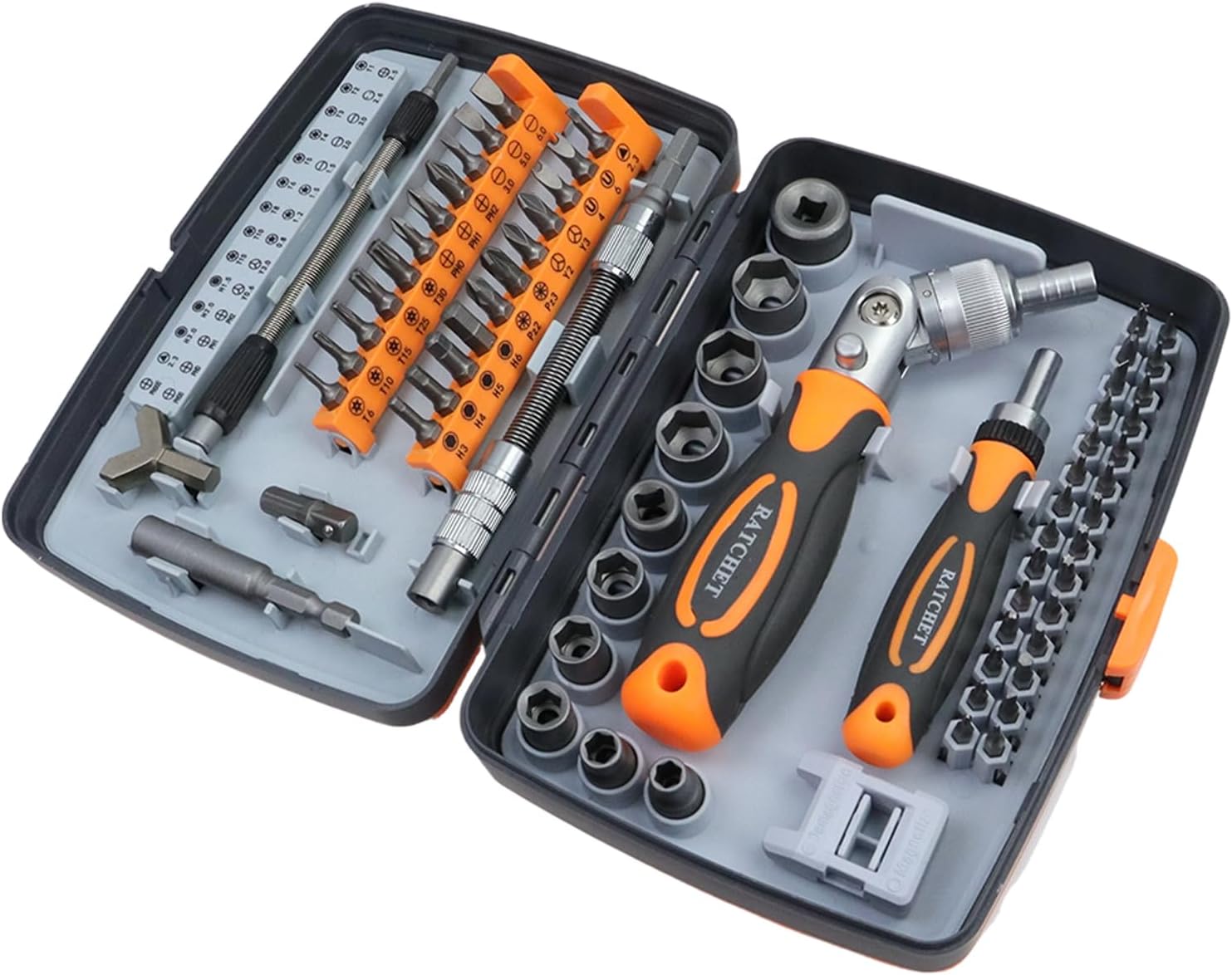 Ratcheting Screwdriver Set, 68 in 1 Multifunctional Socket Set & Magnetic Screwdriver Bit Sets with Rotatable Ratchet Handles and Extensions Bar for Computer Bike Car Electronics Maintenance, Orange