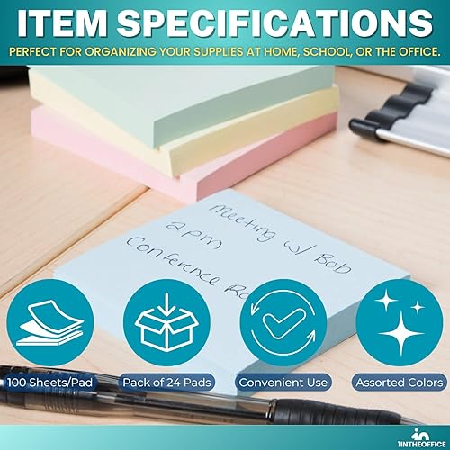 Miniatura 8 de 1InTheOffice Notas adhesivas pastel de 3 x 3, bloc de notas adhesivas, blocs de notas autoadhesivas, colores surtidos, 100 hojas, 24 unidades