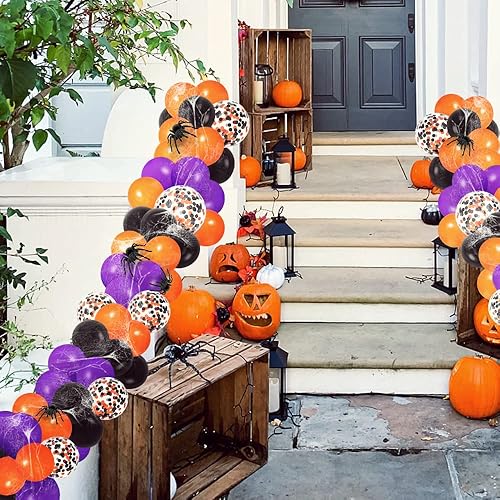 Miniatura 5 de Globos de decoración de Halloween, kit de guirnalda de arco de globos de 124 piezas con telarañas, decoración de Halloween para interiores y