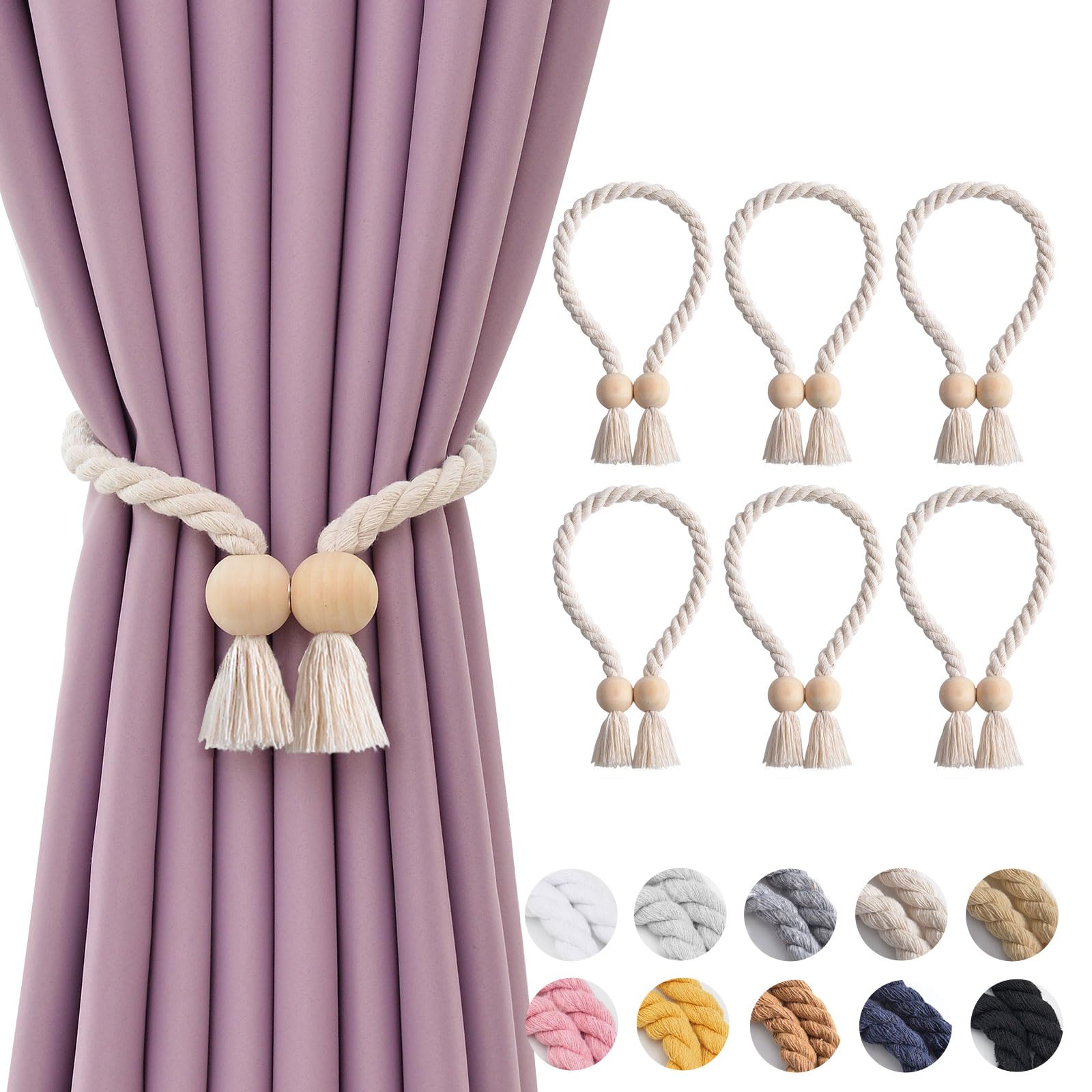 NICEEC 6 Pack Wooden Ball Magnetic Curtain Tiebacks Boho Home Decor Drape Tie Backs Natural Cotton Hand Woven Rope Curtain Holdbacks for Thin & Thick