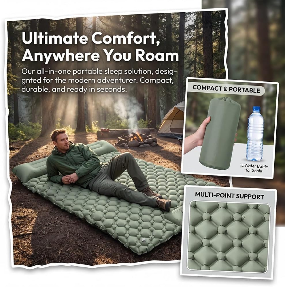Lounge Mat-Your Portable Chill Zone Inflatable Camping Sleeping Pad with Built-in Pump & Pillow, Ultralight Waterproof Self Inflating Mat for Camping Backpacking Hiking (Orange, Double)