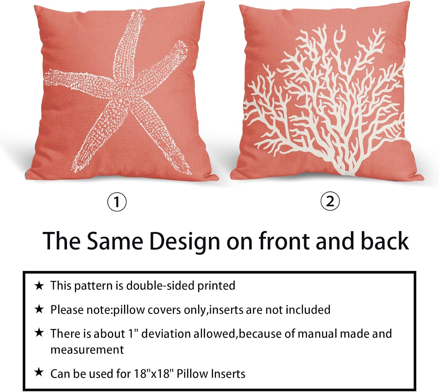 Coastal Coral Throw Pillow Covers 18x18 Inch Set of 2 Starfish Beach Nautical Pillow Covers Summer Farmhouse Pillowscase Linen Square Cushion Covers for Sofa Couch Bedroom Living Room Home Decoration - Image 6