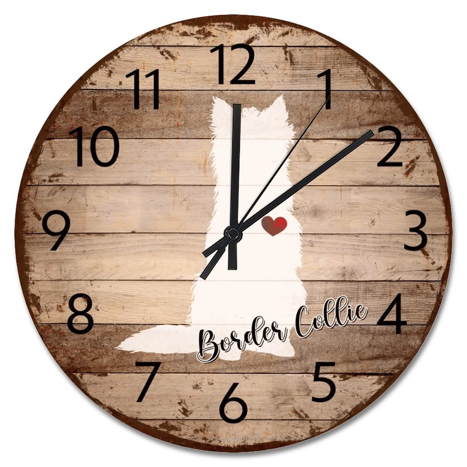 Horloge murale Border Collie en bois vieilli rustique de 38 cm de diamètre