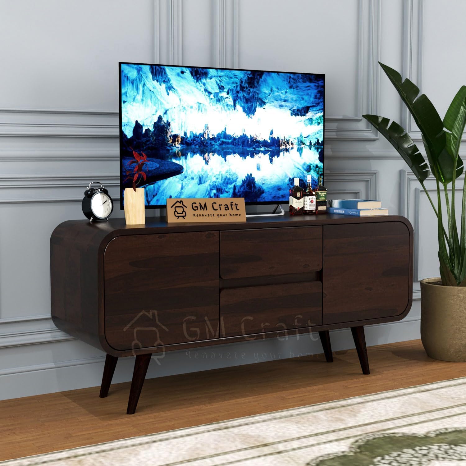 Wooden TV Unit for Living Room 48 Inch Furniture - Solid Wood TV Unit with Storage Cabinet with 2 Drawer 2 Door Wooden TV Cabinet for Living Room - Fits up to 48-Inch TV (Walnut, Elijah)-image-30