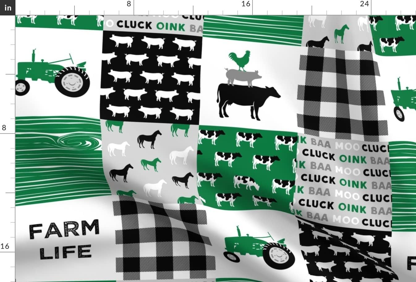 Spoonflower Fabric - Farm Life Wholecloth Green Black Woodgrain Cow Quilt Top Plaid Pigs Printed on Minky Fabric by The Yard - Sewing Baby Blankets Quilt Backing Plush