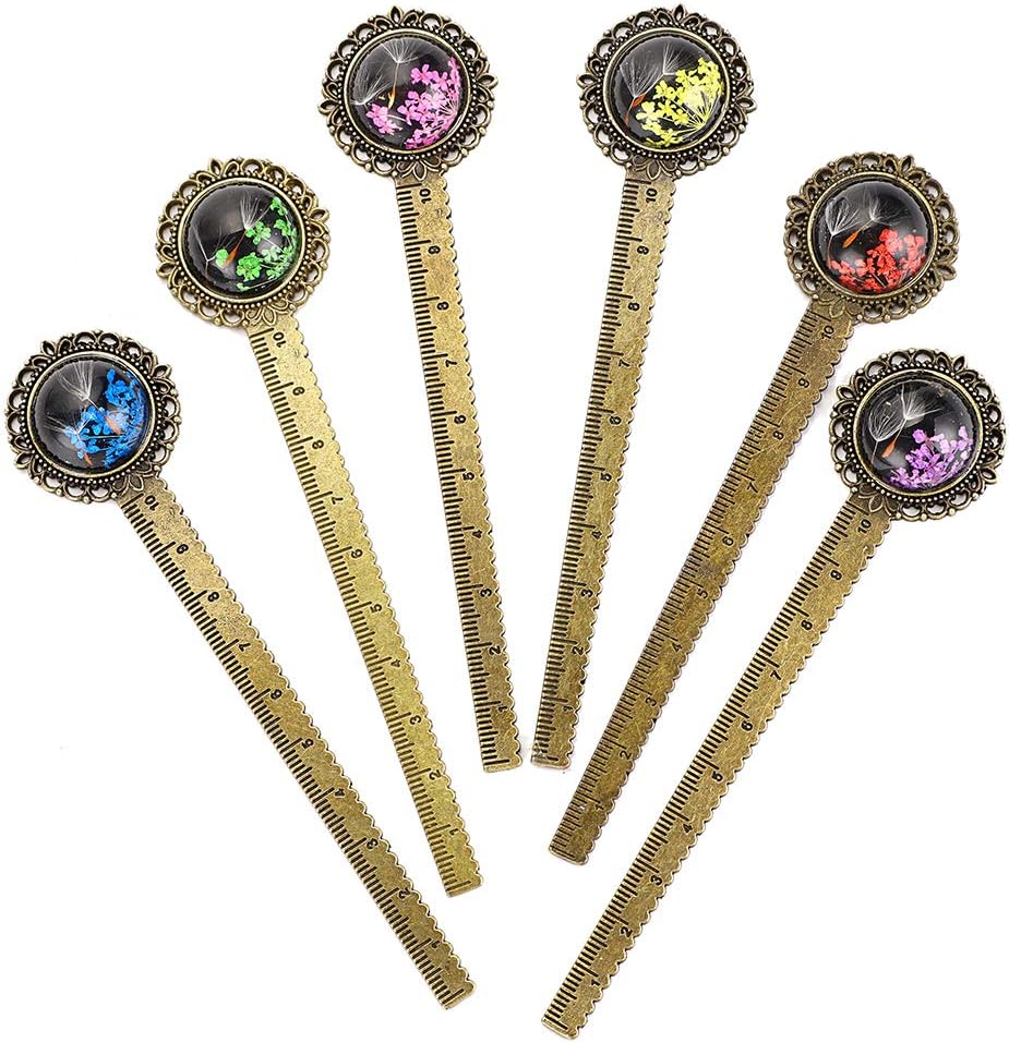 OwnMy 6 Pcs of Metal Bookmark Ruler, Bronze Book Mark Retro Bookmark with Vintage Dried Flower, Bookmark for Student, Kids, Teacher, Book Club (Gypsophila)