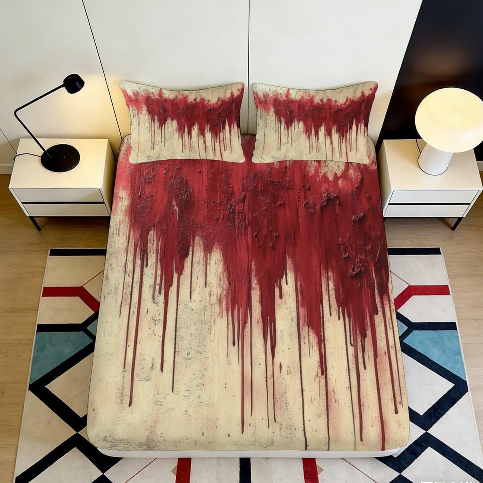 3D Printed Red Drip Pattern Fitted Sheet Microfiber Durable Breathable Abstract Art Bed Cover for Bedroom Dormitory Guest Room Mattress Protection 160x200x25cm