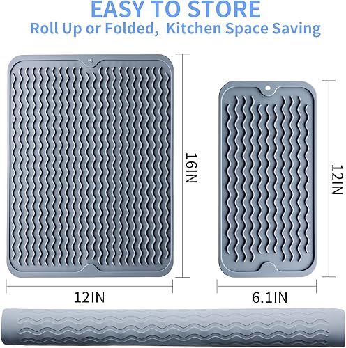 Miniatura 3 de Tapete de silicona para secar platos, 2 paquetes de tapete de silicona antideslizante, tapete de secado fácil de limpiar, tapete escurridor de