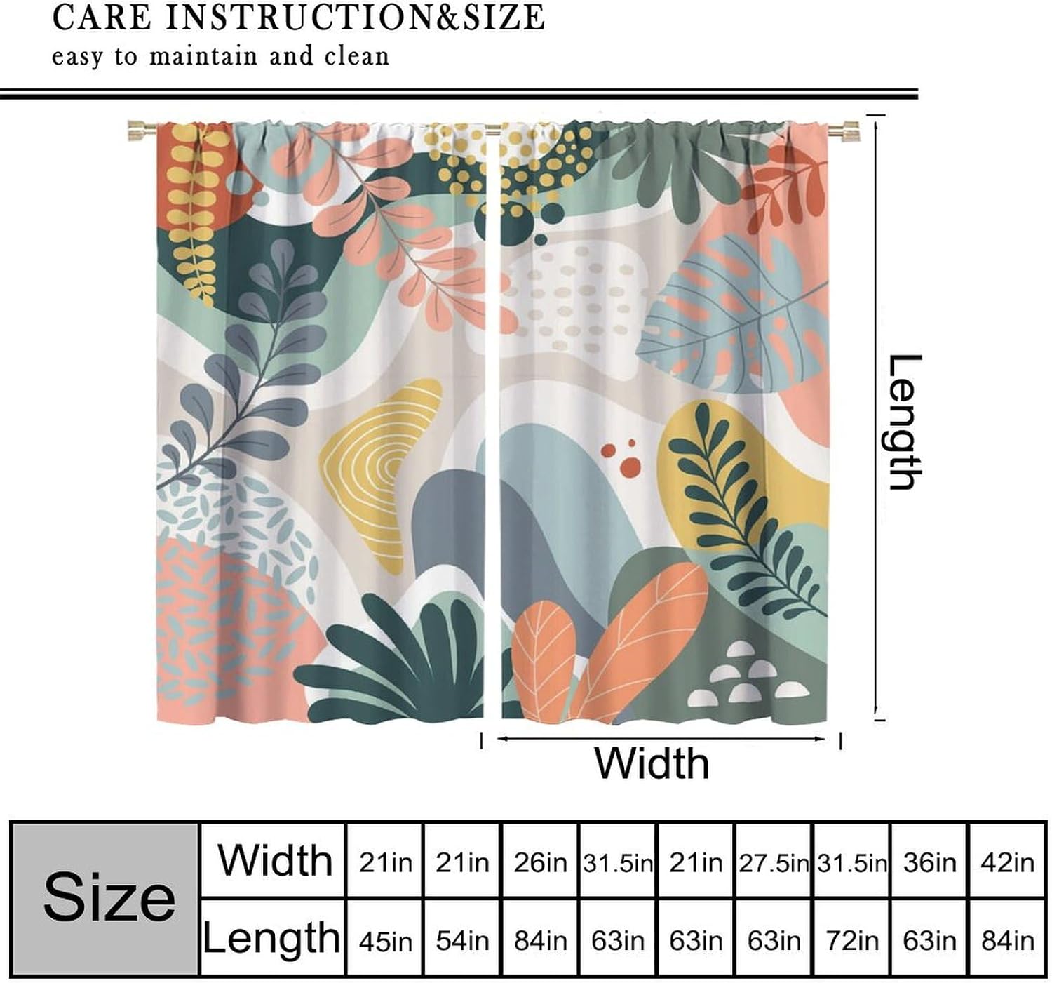 Mid Century Leaves Curtains, Abstract Leaf Modern Boho Plants Print Window Drapes, for Living Room Bedroom 42" W X 45" L (Decorative)