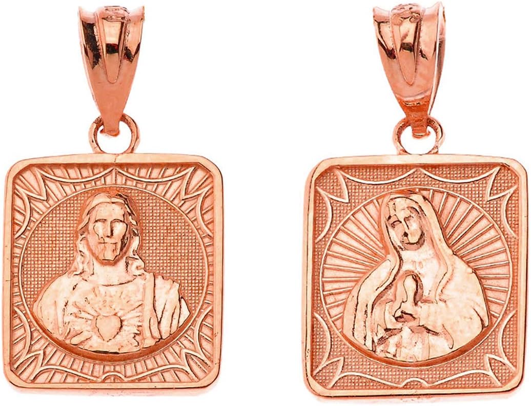 Certified 10k Gold Immaculate Heart of Mary/Sacred Heart of Jesus 0.87" Square Medal Reversible Pendant