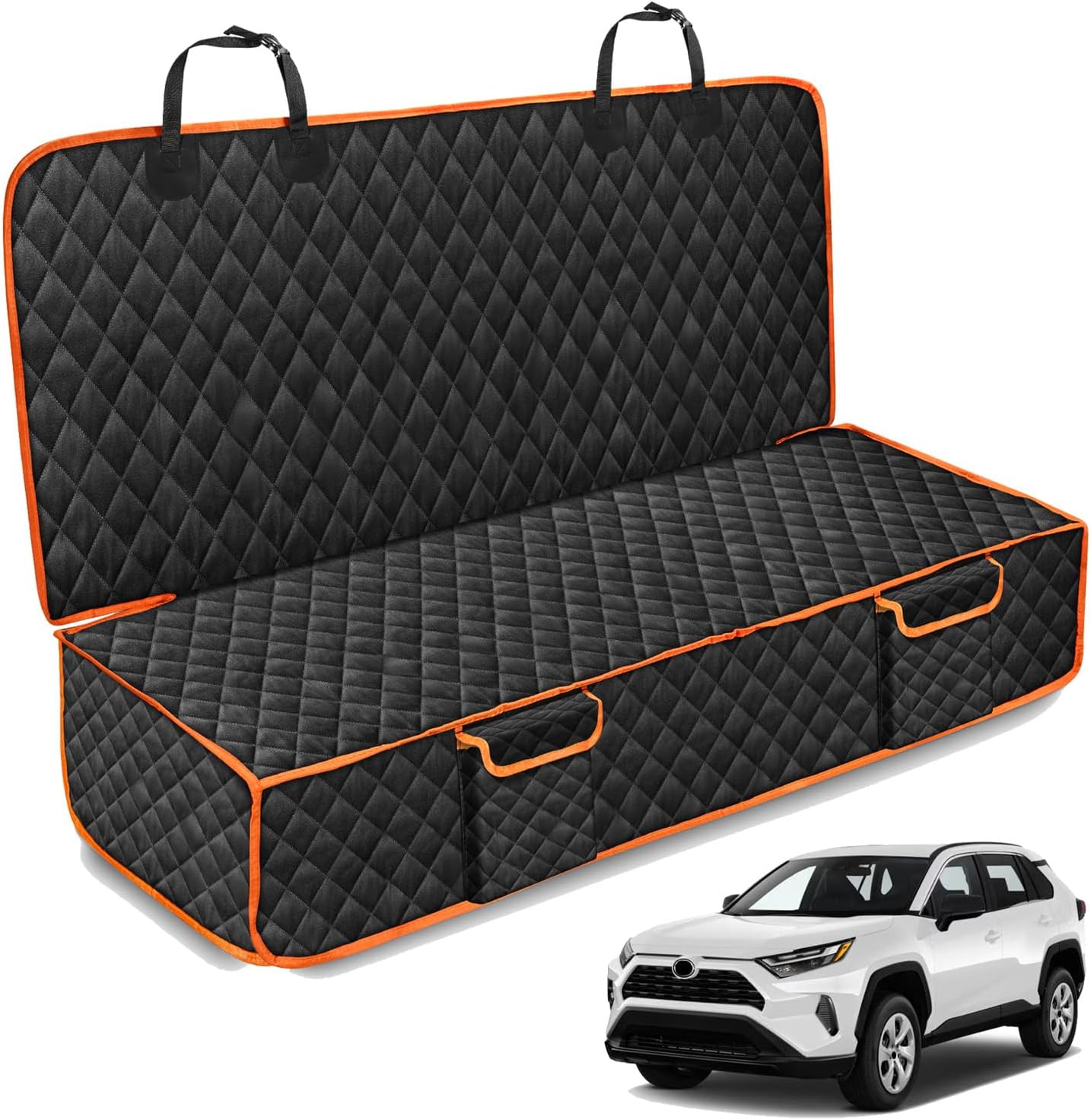 XHRING Dog Car Seat Cover for Toyota RAV4 RAV-4 Tacoma Camry Highlander Corolla 4Runner LE XLE Premium Limited XSE Hybrid 2000-2025 2026 Back Seat Accessories, Pet Bench Backseat Covers - Black Orange