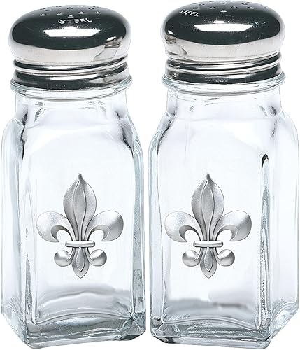 Heritage Pewter Fleur de Lis - Juego de 2 botellas de salero y pimentero  Vidrio de peltre hecho por expertos
