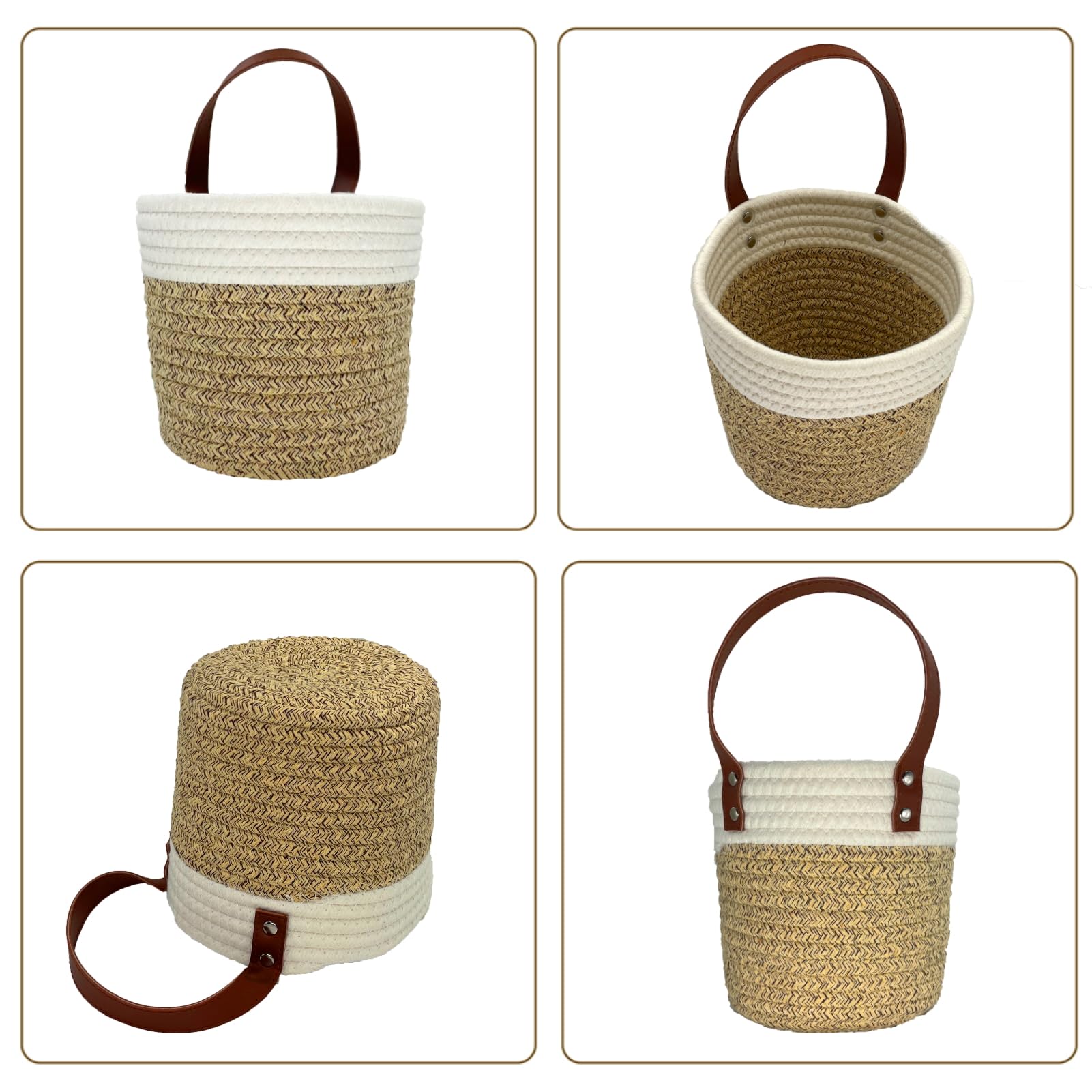 SOQKEEN Set van 2 geweven touwhangmanden met leren handgrepen voor zonnebrillen, sleutels, planten, bloemen, badkameraccessoires (linnen en wit SOQKEEN Set van 2 geweven touwhangmanden met leren handgrepen voor zonnebrillen, sleutels, planten, bloemen, badkameraccessoires (linnen en wit