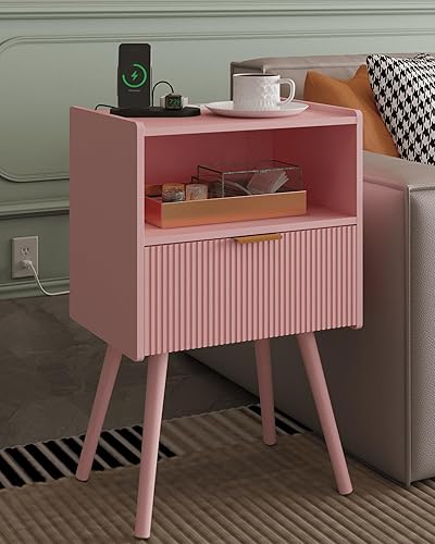 Miniatura 17 de Mesita de noche, moderna mesita de noche con cajón de almacenamiento y estante de madera abierta, mesita de noche decorativa con patas de madera