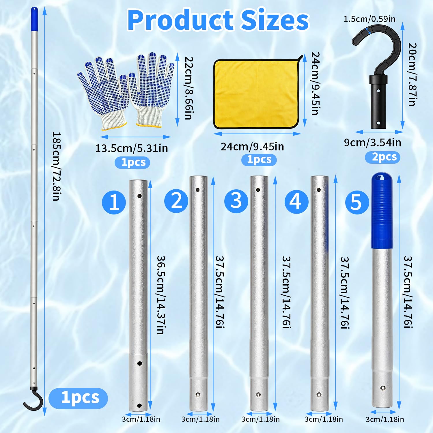 Set de 4 Crochet Robot Piscine 185 CM Tige Télescopique Crochet pour Aspirateur pour Piscine Set Facile à Utiliser Avec Gants et Chiffon Compatible Avec la Plupart des Dispositifs de Nettoyage
