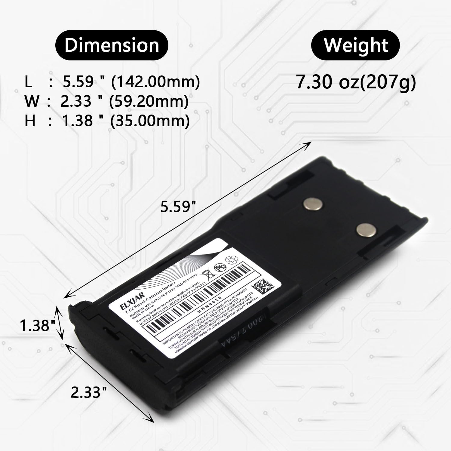 elxjar (2-Pack) 7.5V 1800mAh Replacement Battery for Motorola GP300, GTX800, PTX600, PRO3150, CP450, P080, MTX638, LTS2000, LCS2000, GP88S, GP88, GP600, GP308, CP250, HNN9628A, HNN9628B